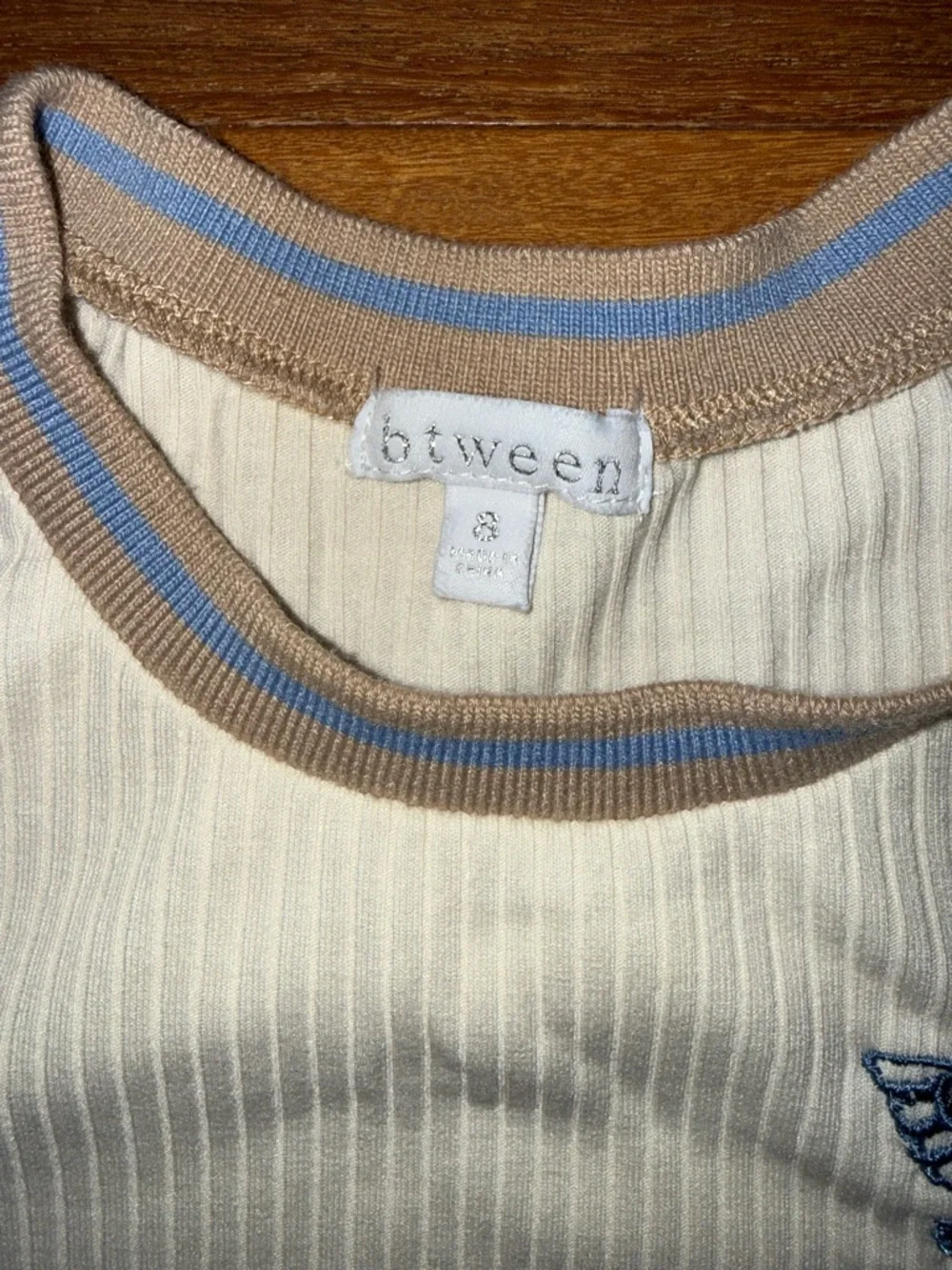 btween Cream Ribbed Tee with Tan & Blue Trim and Plaid Skort - Picture 2 of 4
